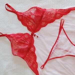 AUDEN Pink Mesh & Red lace Chemise & Thong set ** Sz XL